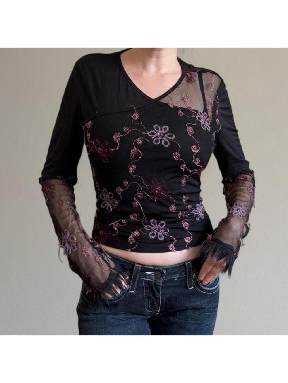 Vintage euro Nicowa embroidered mesh top